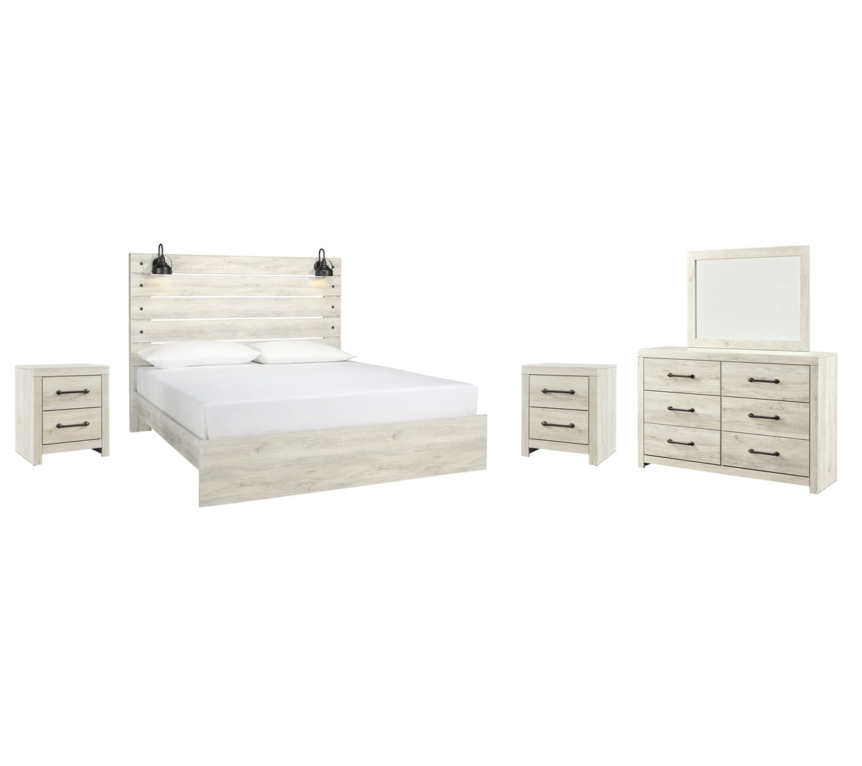 Cambeck King Panel Bed with Mirrored Dresser and 2 Nightstands in Whitewash from Ashley - Luna Furniture
