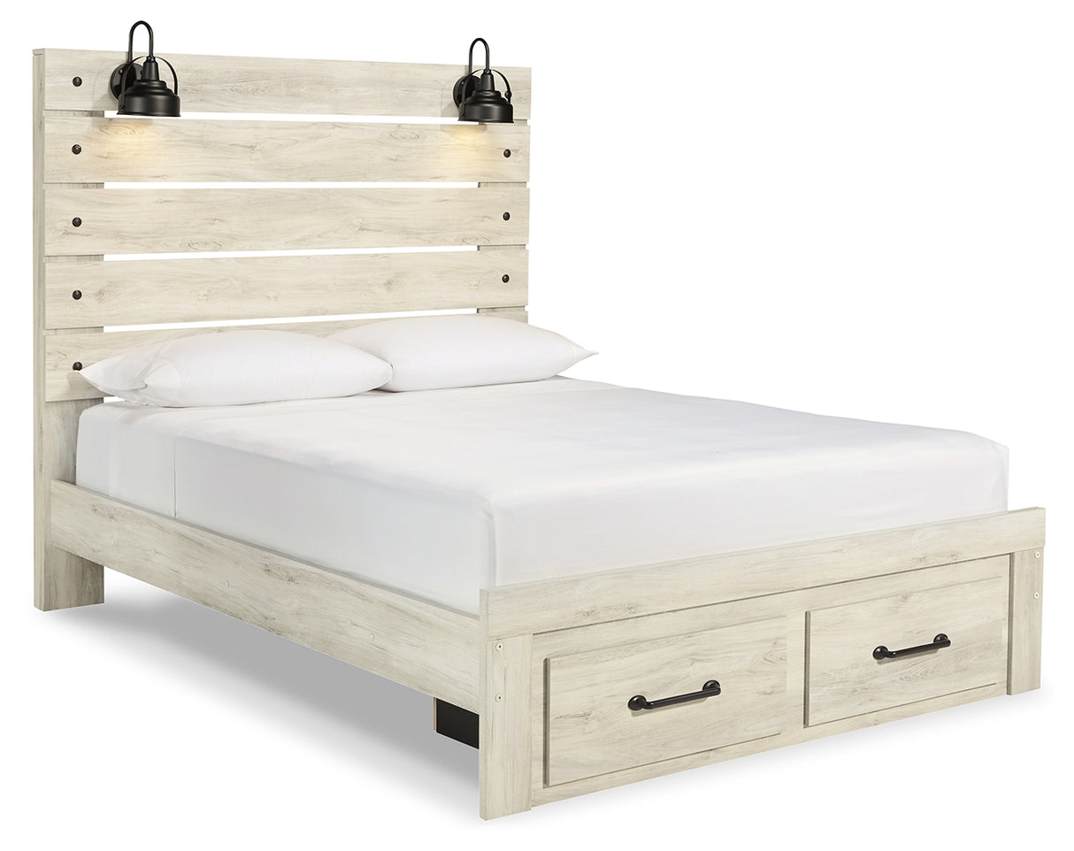 Cambeck Queen Panel Bed with 2 Storage Drawers with Mirrored Dresser, Chest and 2 Nightstands in Whitewash from Ashley - Luna Furniture