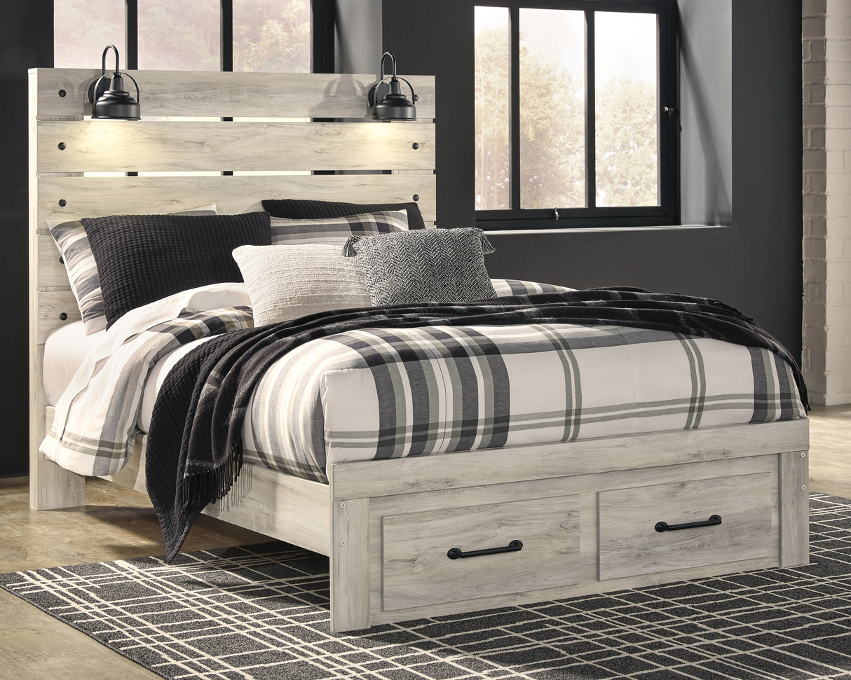 Cambeck Queen Panel Bed with 2 Storage Drawers with Mirrored Dresser and 2 Nightstands in Whitewash from Ashley - Luna Furniture