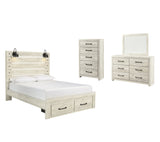 Cambeck Queen Panel Bed with 2 Storage Drawers with Mirrored Dresser and Chest in Whitewash from Ashley - Luna Furniture
