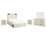 Cambeck Queen Panel Bed with 4 Storage Drawers with Mirrored Dresser and 2 Nightstands in Whitewash from Ashley Furniture - Luna Furniture