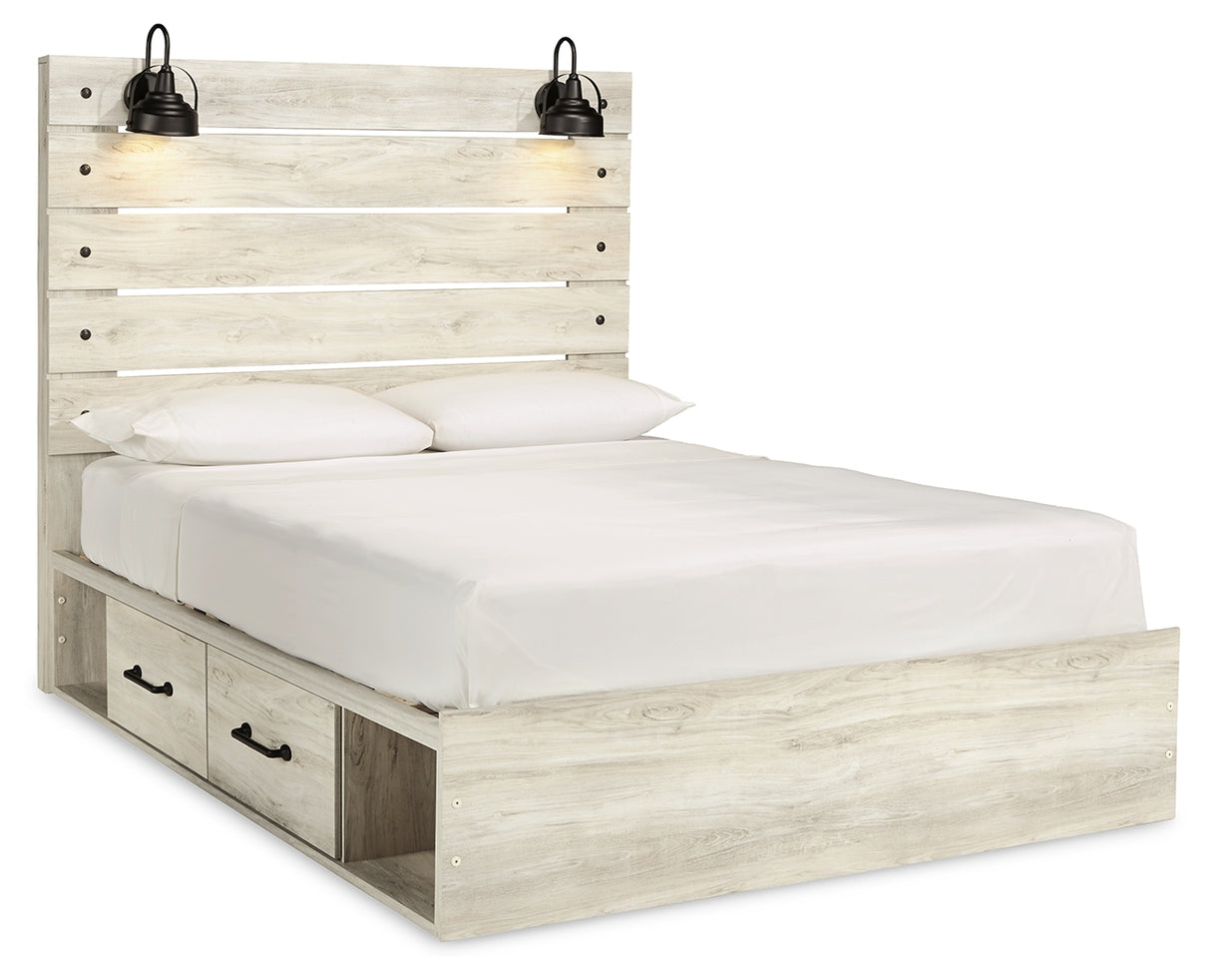 Cambeck Queen Panel Bed with 4 Storage Drawers with Mirrored Dresser and Chest in Whitewash from Ashley - Luna Furniture