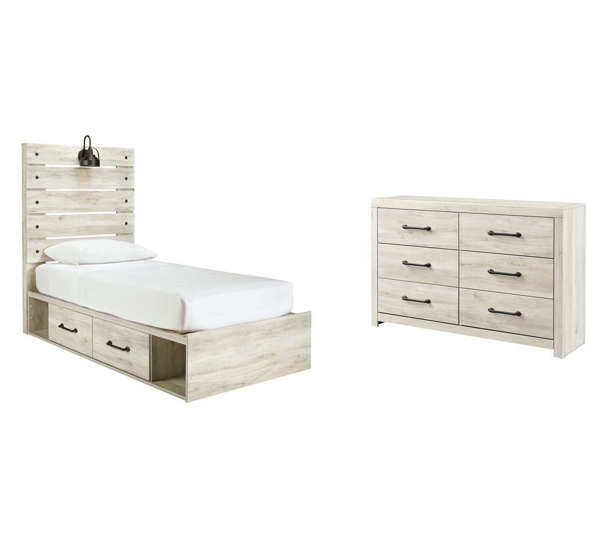 Cambeck Twin Panel Bed with 4 Storage Drawers with Dresser in Whitewash from Ashley - Luna Furniture