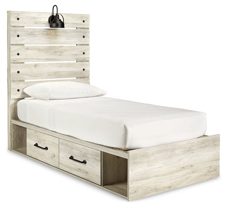 Cambeck Twin Panel Bed with 4 Storage Drawers with Mirrored Dresser and Chest in Whitewash from Ashley - Luna Furniture