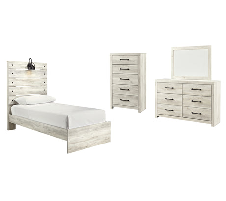 Cambeck Twin Panel Bed with Mirrored Dresser and Chest in Whitewash from Ashley - Luna Furniture