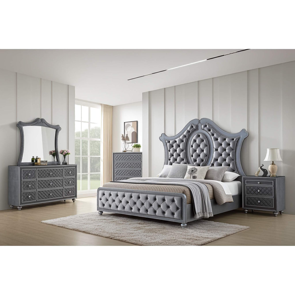 Cameo Gray Upholstered Panel Bedroom Set from Crown Mark - Luna Furniture