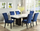 Camila Marble Dining Group(Table & 4 Blue Velvet Side Chairs)Black and Silver Side Chairs Can Be Added Optionally from Steve Silver - Luna Furniture