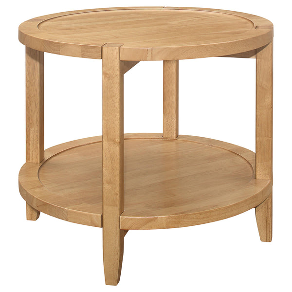 Camillo Maple Brown Round Solid Wood End Table with Shelf