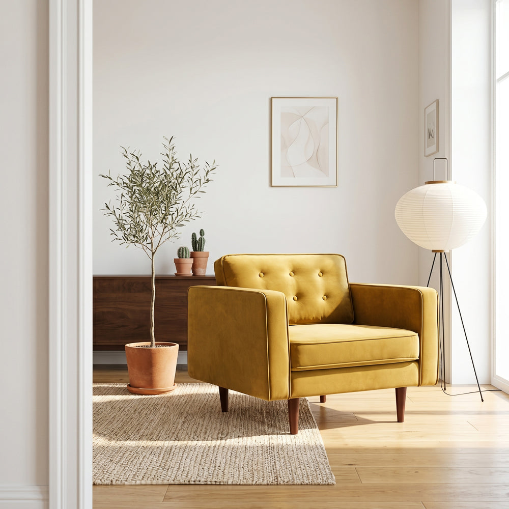 Casey Mid-Century Modern Pillow Back Velvet Upholstered Armchair in Gold from Ashcroft Furniture - Luna Furniture