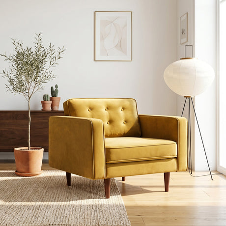 Casey Gold Mid-Century Modern Pillow Back Velvet Upholstered Armchair from Ashcroft Furniture - Luna Furniture