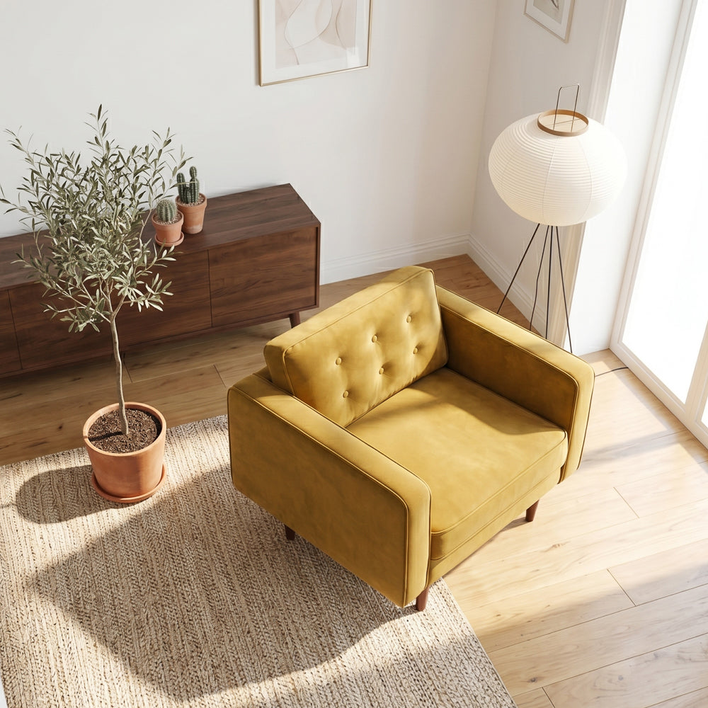Casey Mid-Century Modern Pillow Back Velvet Upholstered Armchair in Gold from Ashcroft Furniture - Luna Furniture
