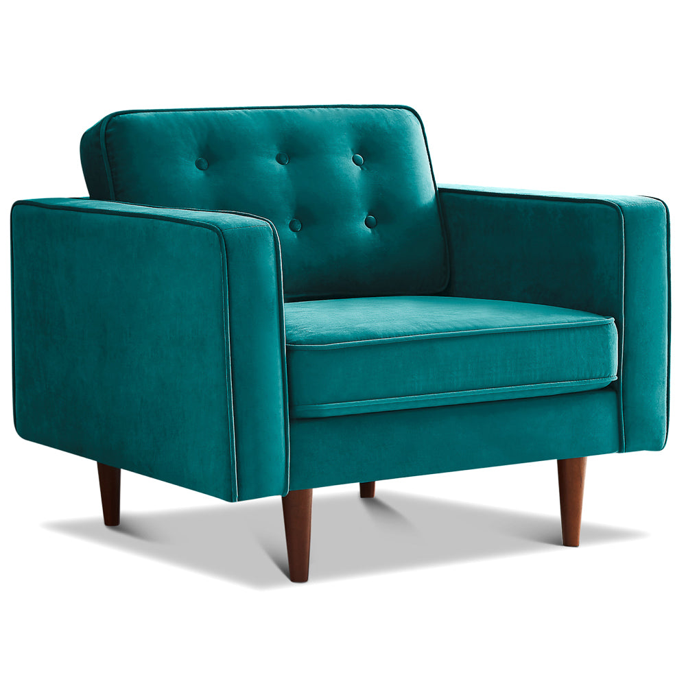 Casey Mid-Century Modern Pillow Back Velvet Upholstered Armchair in Teal from Ashcroft Furniture - Luna Furniture