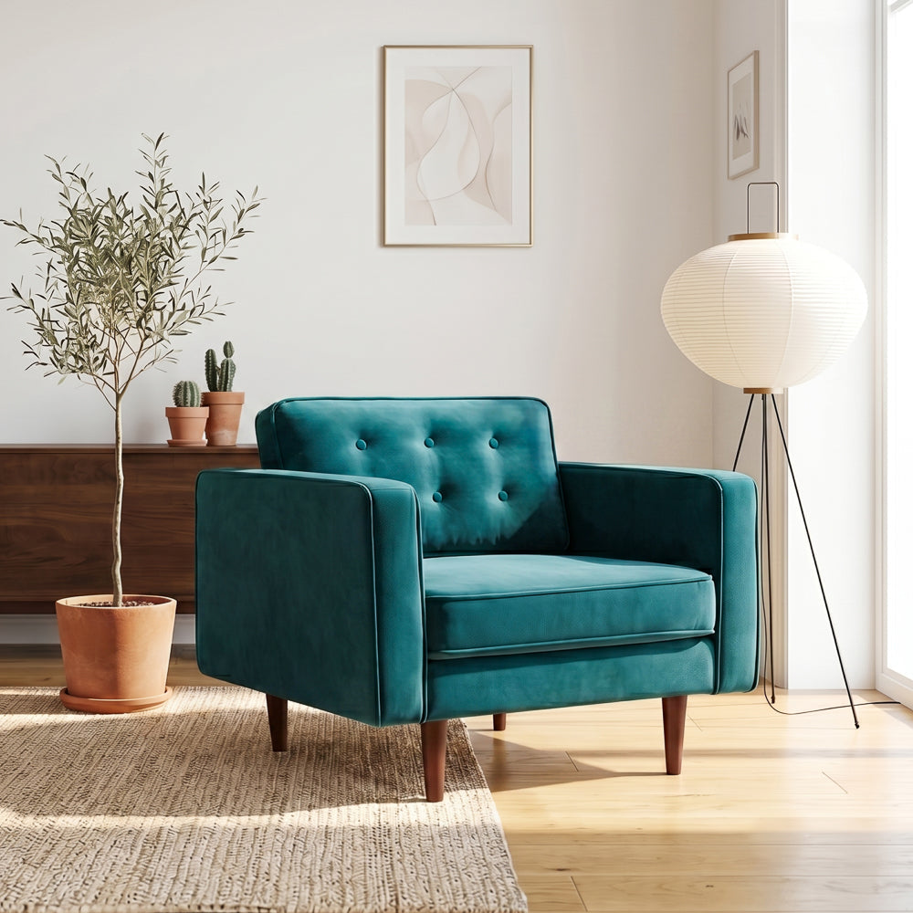 Casey Mid-Century Modern Pillow Back Velvet Upholstered Armchair in Teal from Ashcroft Furniture - Luna Furniture