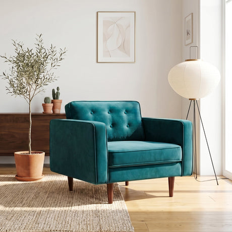 Casey Teal Mid-Century Modern Pillow Back Velvet Upholstered Armchair from Ashcroft Furniture - Luna Furniture