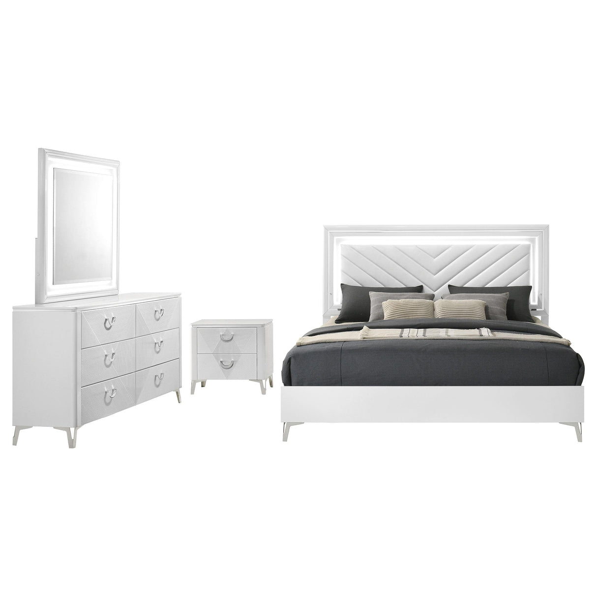 Cassia White High Gloss 4-Piece Queen LED Bedroom Set from Coaster - Luna Furniture