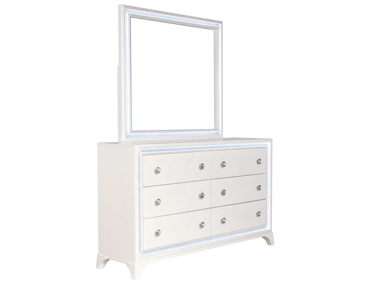 Cassie Illuminating Glam Dresser and Mirror, Shimmering Pearl Finish Luna Furniture Cassie Illuminating Glam Dresser and Mirror, Shimmering Pearl Finish Luna Furniture