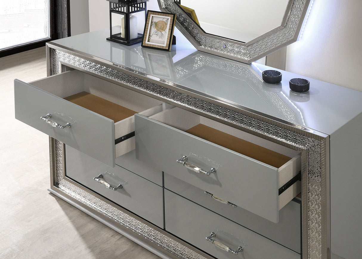 Curton Metallic Gray 6-Drawer 59 in. Dresser with Metallic Scale Molding Trim