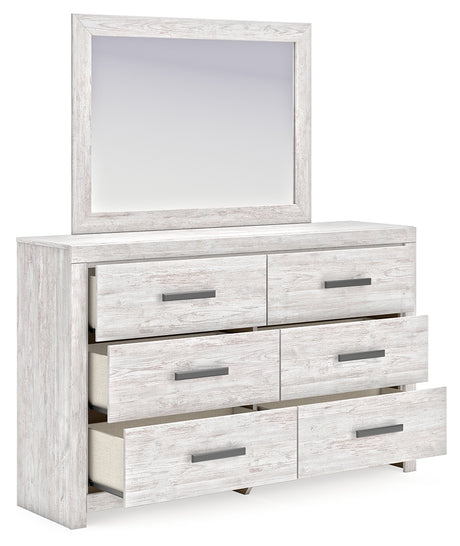 Cayboni King Panel Bed with Mirrored Dresser, Chest and Nightstand in Whitewash from Ashley - Luna Furniture