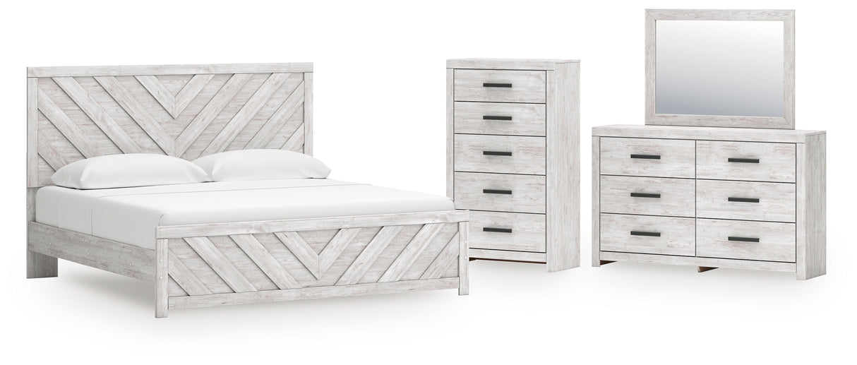 Cayboni King Panel Bed with Mirrored Dresser and Chest in Whitewash from Ashley - Luna Furniture