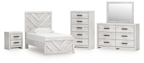 Cayboni Twin Panel Bed with Mirrored Dresser, Chest and Nightstand in Whitewash from Ashley - Luna Furniture