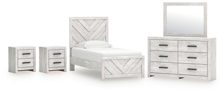 Cayboni Twin Panel Bed with Mirrored Dresser and 2 Nightstands in Whitewash from Ashley - Luna Furniture