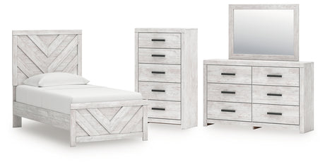 Cayboni Twin Panel Bed with Mirrored Dresser and Chest in Whitewash from Ashley - Luna Furniture