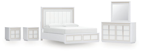 Chalanna California King Upholstered Storage Bed with Mirrored Dresser and 2 Nightstands in White from Ashley - Luna Furniture