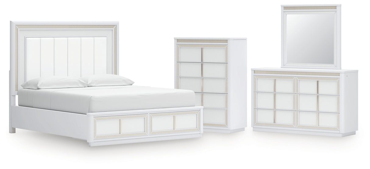 Chalanna California King Upholstered Storage Bed with Mirrored Dresser and Chest in White from Ashley - Luna Furniture