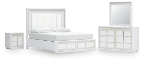 Chalanna California King Upholstered Storage Bed with Mirrored Dresser and Nightstand in White from Ashley - Luna Furniture
