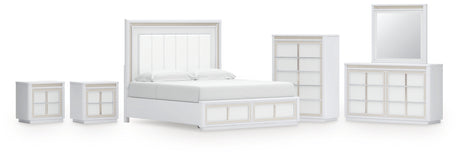 Chalanna King Upholstered Storage Bed with Mirrored Dresser, Chest and 2 Nightstands in White from Ashley - Luna Furniture