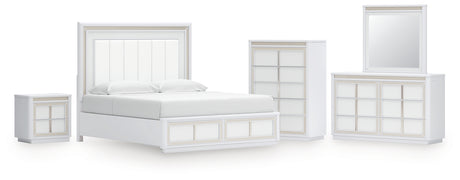 Chalanna King Upholstered Storage Bed with Mirrored Dresser, Chest and Nightstand in White from Ashley - Luna Furniture