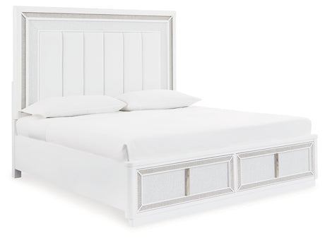 Chalanna King Upholstered Storage Bed with Mirrored Dresser, Chest and Nightstand in White from Ashley - Luna Furniture