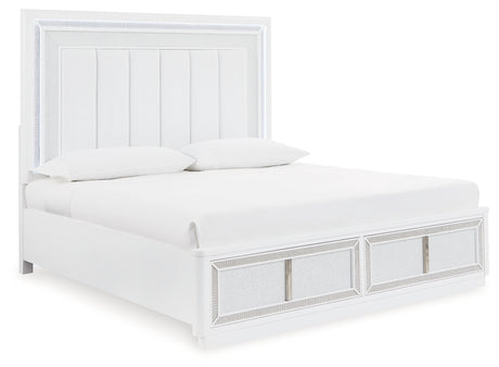 Chalanna King Upholstered Storage Bed with Mirrored Dresser, Chest and Nightstand in White from Ashley - Luna Furniture