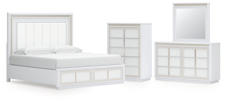Chalanna King Upholstered Storage Bed with Mirrored Dresser and Chest in White from Ashley - Luna Furniture
