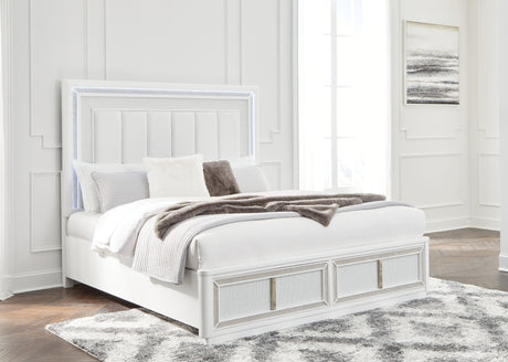 Chalanna King Upholstered Storage Bed with Mirrored Dresser and Chest in White from Ashley - Luna Furniture
