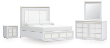 Chalanna King Upholstered Storage Bed with Mirrored Dresser and Nightstand in White from Ashley - Luna Furniture