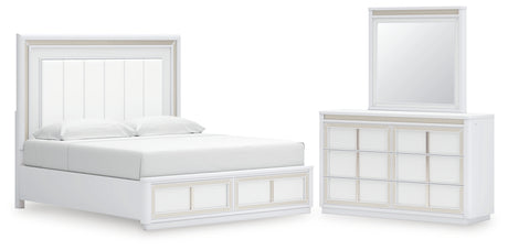Chalanna King Upholstered Storage Bed with Mirrored Dresser in White from Ashley - Luna Furniture