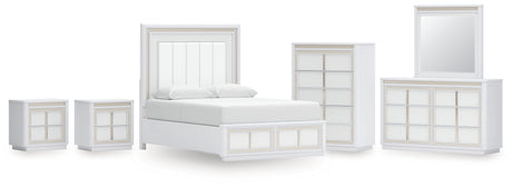 Chalanna Queen Upholstered Storage Bed with Mirrored Dresser, Chest and 2 Nightstands in White from Ashley - Luna Furniture