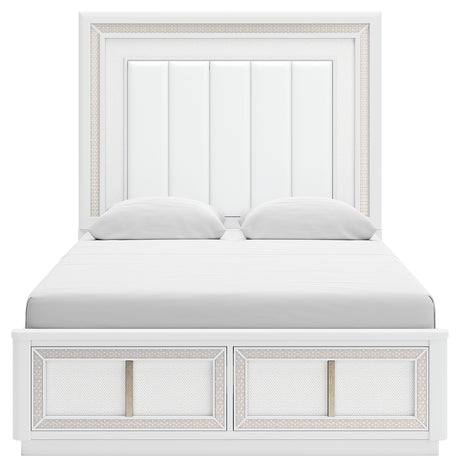 Chalanna Queen Upholstered Storage Bed with Mirrored Dresser, Chest and 2 Nightstands in White from Ashley - Luna Furniture