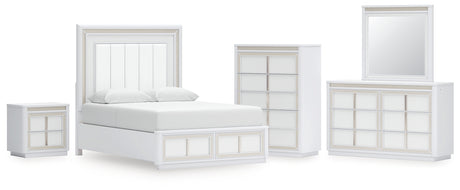 Chalanna Queen Upholstered Storage Bed with Mirrored Dresser, Chest and Nightstand in White from Ashley - Luna Furniture