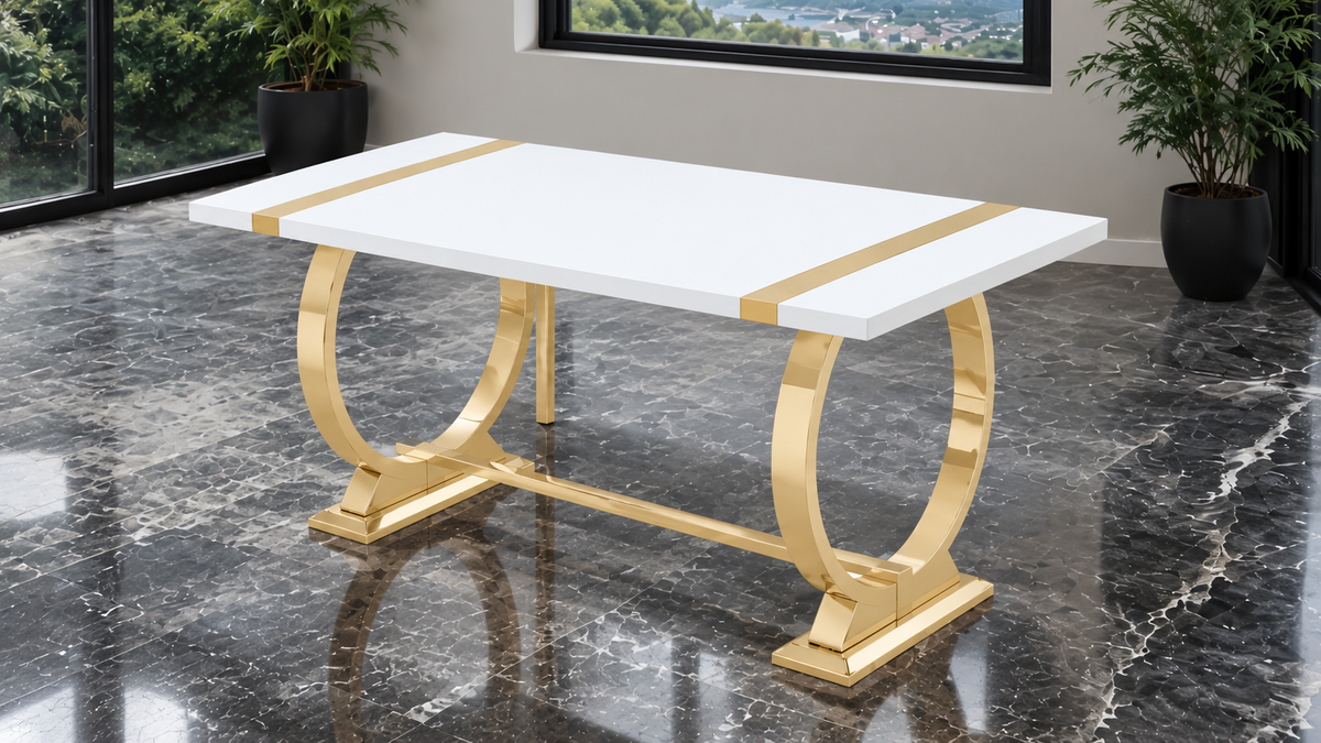 Holbaek Gold/White dining table, white top with gold O-shaped legs, three-quarter view