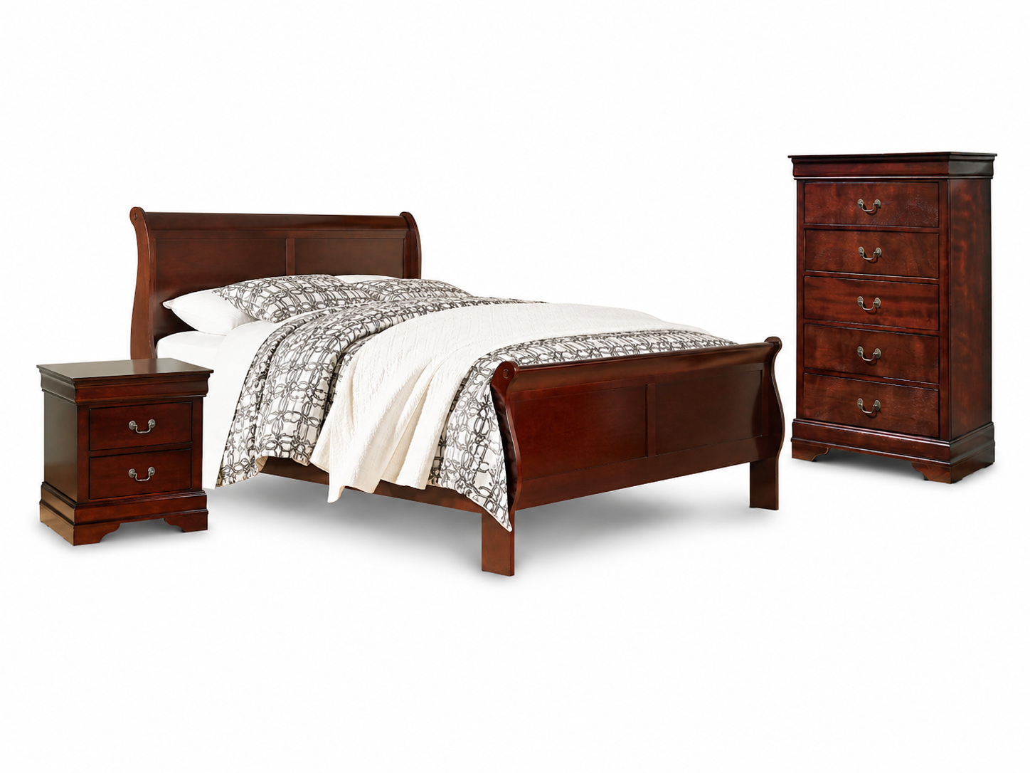 Alisdair Reddish Brown Queen Sleigh Bed, Chest and Nightstand
