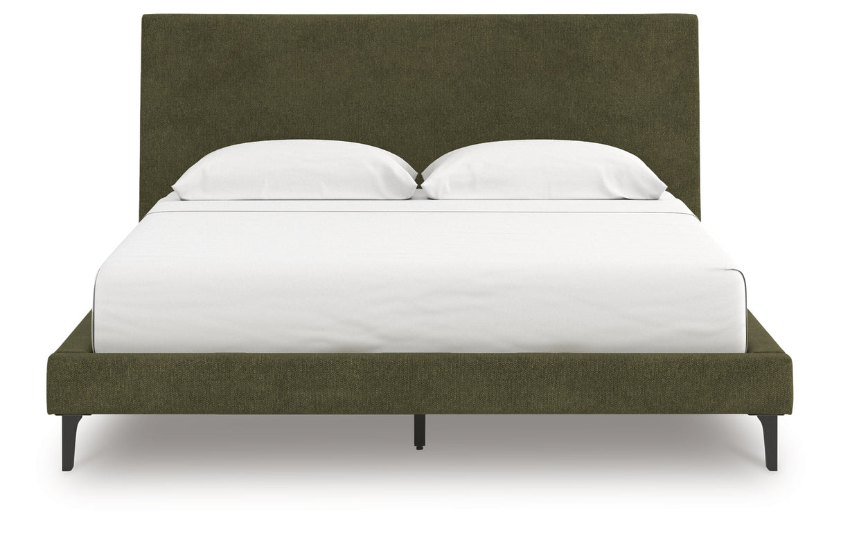 Chirason Sage Green California King Upholstered Bed with Mirrored Dresser, Nightstand and Wide Chest from Ashley Furniture - Luna Furniture