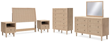 Cielden Full Upholstered Panel Bed with Mirrored Dresser, Chest and 2 Nightstands in Two-tone from Ashley - Luna Furniture