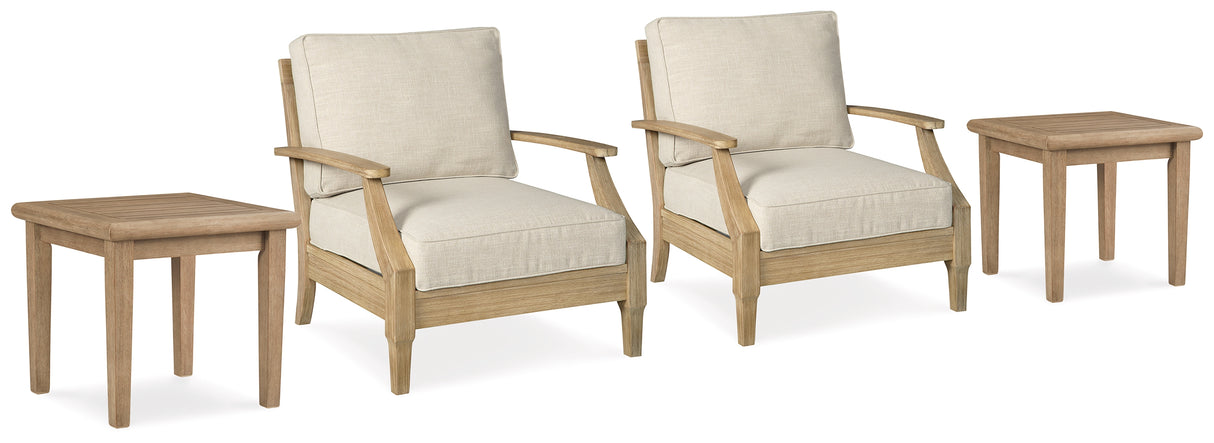 Clare View 2 Outdoor Lounge Chairs with 2 End Tables in Beige from Ashley Furniture - Luna Furniture