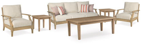 Clare View Outdoor Sofa and 2 Lounge Chairs with Coffee Table and 2 End Tables in Beige from Ashley - Luna Furniture