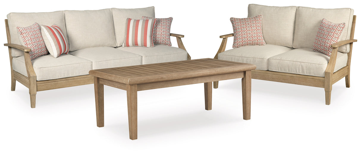 Clare View Outdoor Sofa and Loveseat with Coffee Table in Beige from Ashley Furniture - Luna Furniture