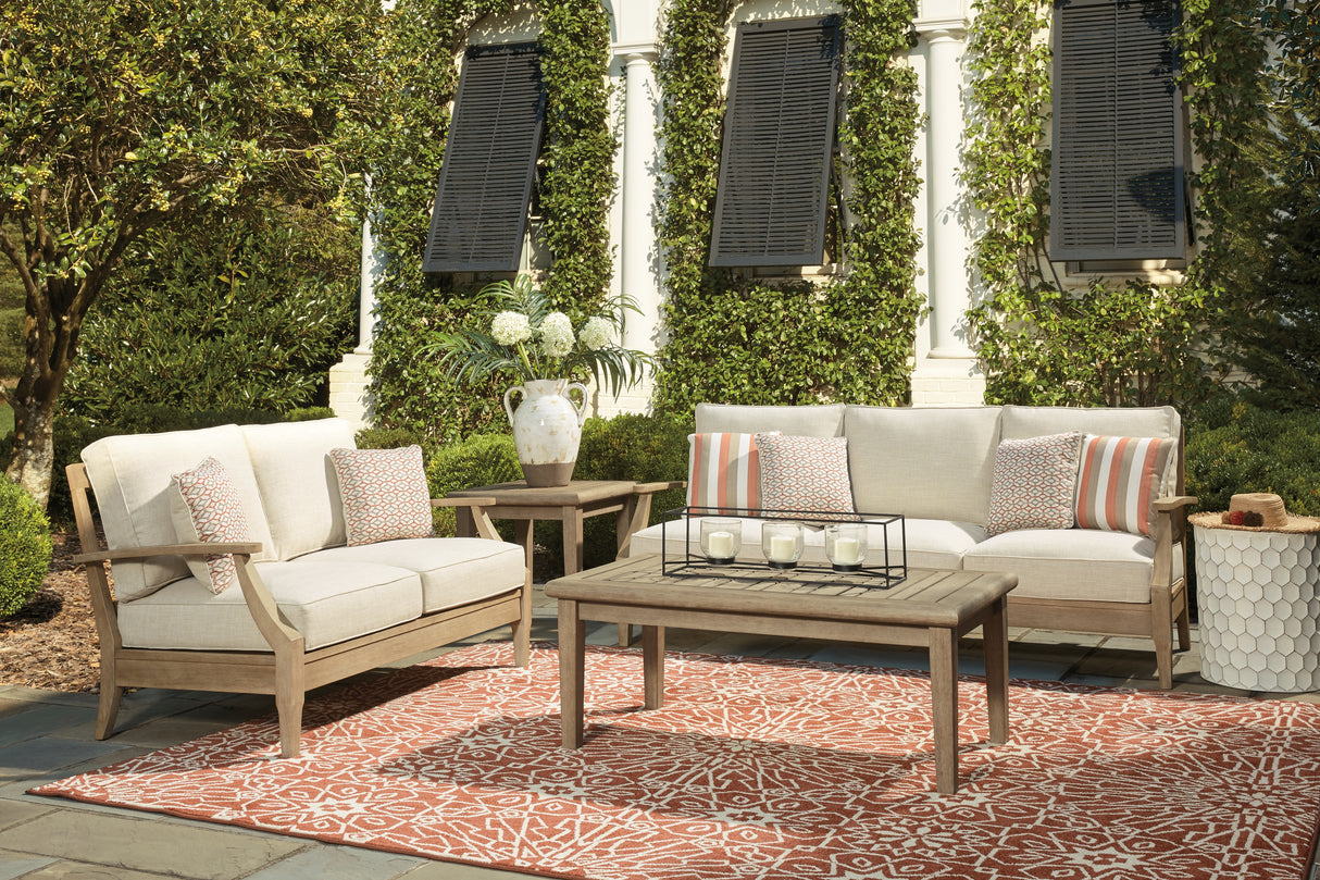 Clare View Outdoor Sofa and Loveseat with Coffee Table in Beige from Ashley Furniture - Luna Furniture