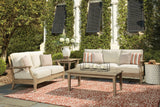 Clare View Outdoor Sofa and Loveseat with Coffee Table in Beige from Ashley Furniture - Luna Furniture