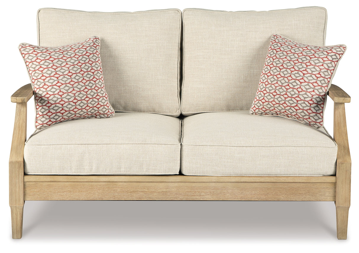 Clare View Outdoor Sofa and Loveseat with Coffee Table in Beige from Ashley Furniture - Luna Furniture